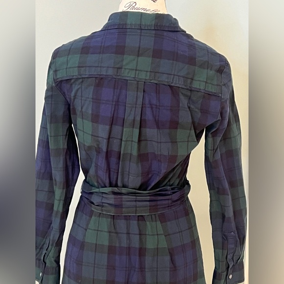 J.Crew long-sleeve tie-waist shirtdress | Green - Navy & Black plaid  | Size 2 | - Picture 4 of 12
